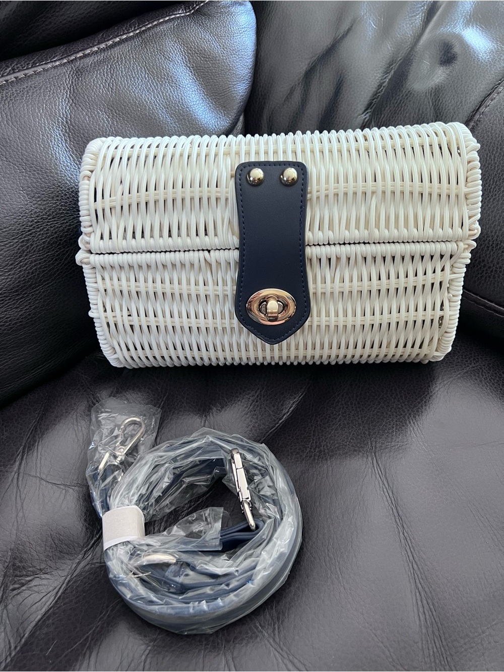 Tommy Bahama White Wicker Crossbody with Navy Accent and Goldtone Hardware